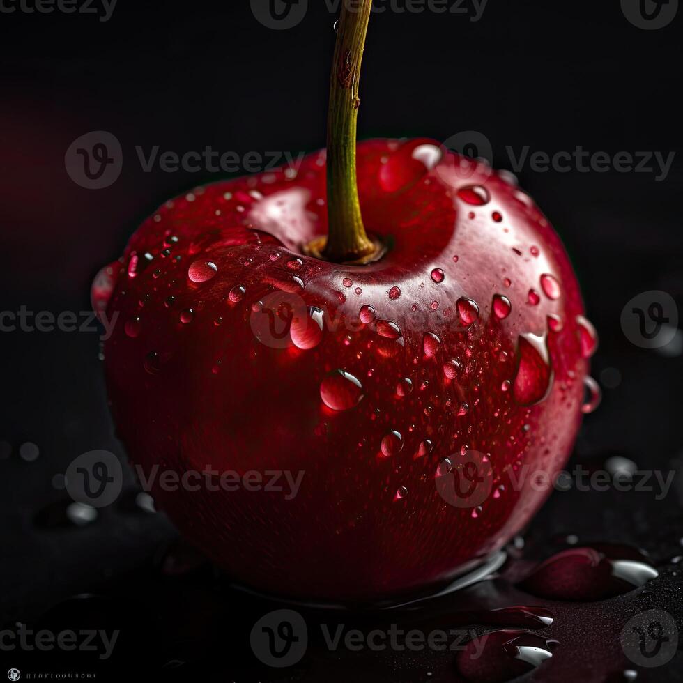 frappant la photographie de délicieux rouge Cerise avec l'eau gouttes sur foncé arrière-plan, génératif ai. photo