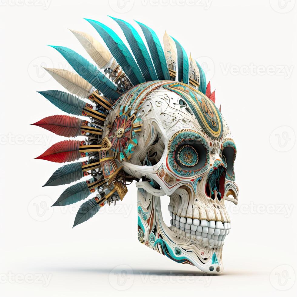 crâne décoration avec plume boho style, tribu arrière-plan, génératif ai. photo