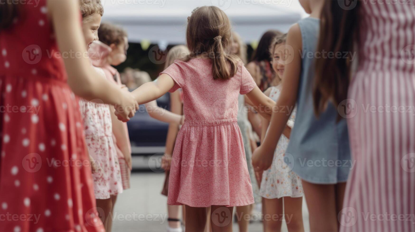 arrière vue de Jeune les filles en portant mains dans décontractée robe sur foule lieu. génératif ai illustation. photo