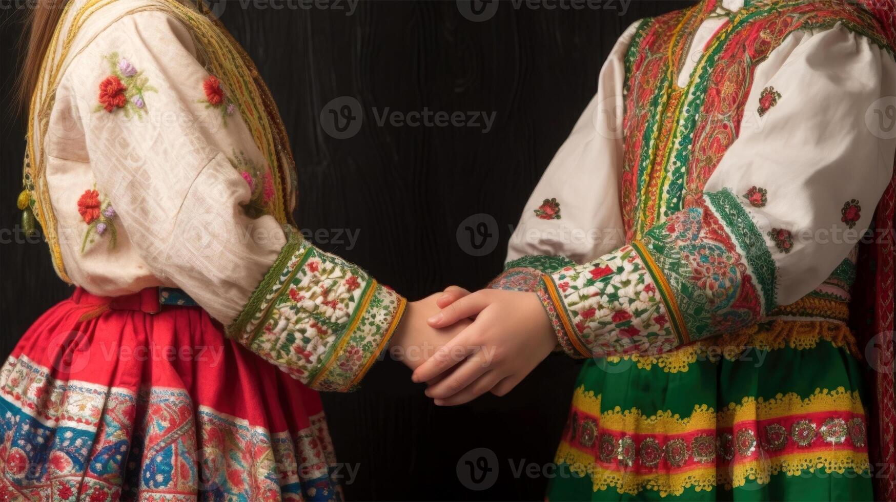 amical ou décontractée poignée de main entre multiculturel asiatique femmes dans leur traditionnel tenues. génératif ai. photo