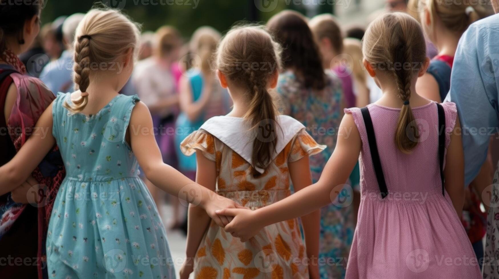 arrière vue de Jeune les filles en portant mains dans décontractée robe sur foule lieu. génératif ai illustation. photo