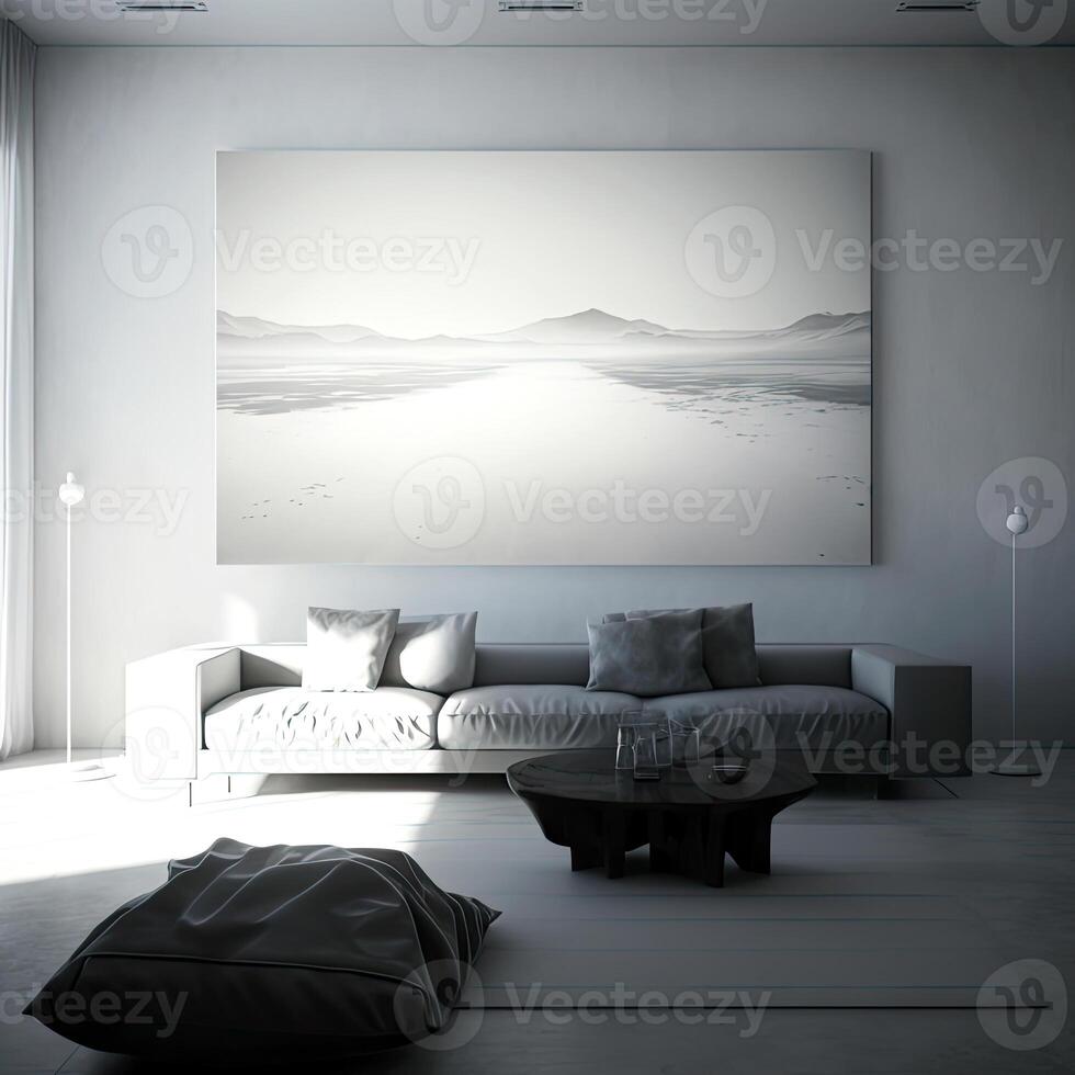intérieur de moderne vivant pièce avec canapé, fauteuil et Créatif ouvrages d'art. ai génératif. photo
