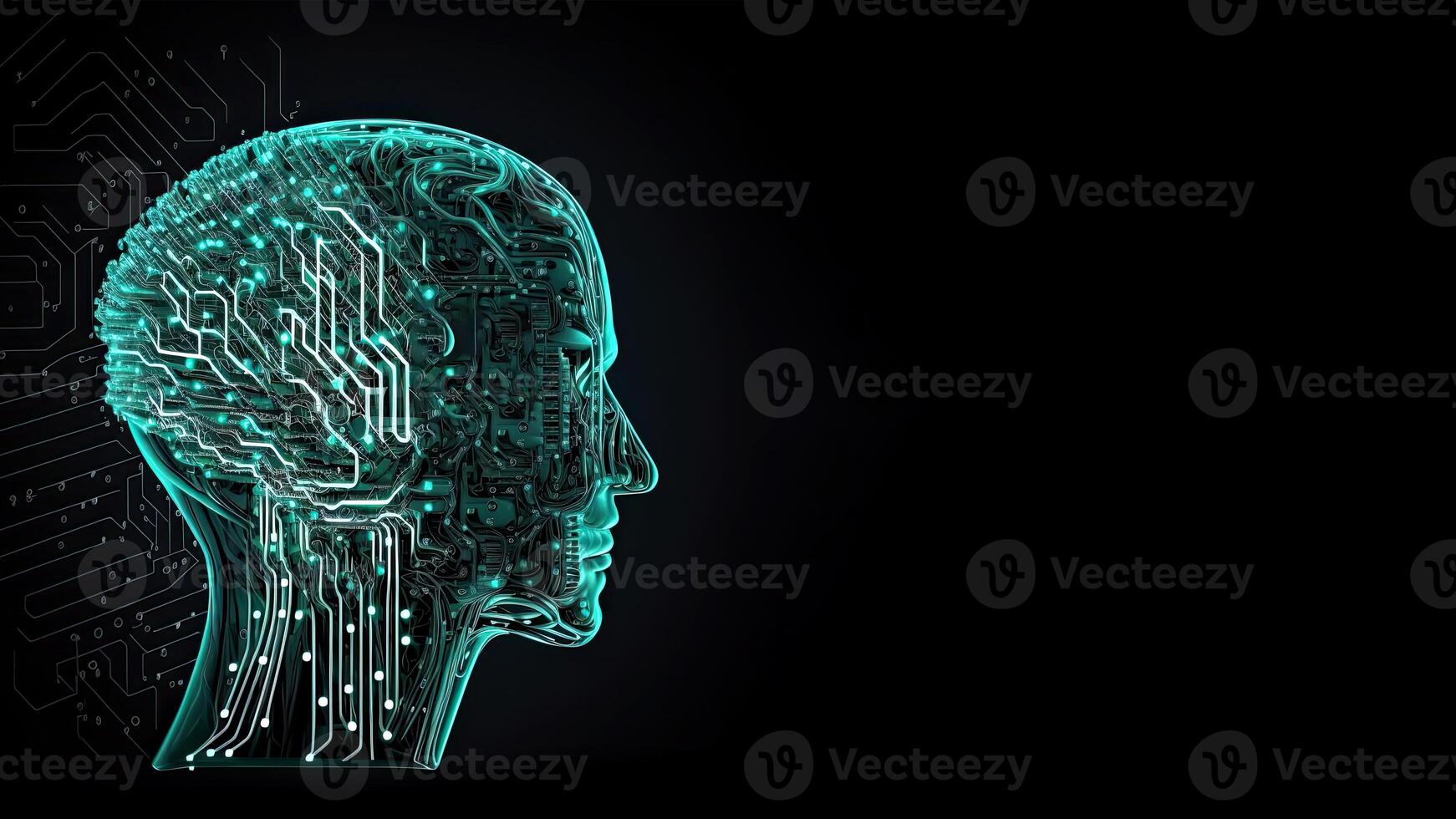 artificiel intelligence dans humanoïde tête avec neural réseau, numérique cerveau apprentissage En traitement gros données. visage de cyber esprit. génératif ai La technologie et espace pour votre message. photo