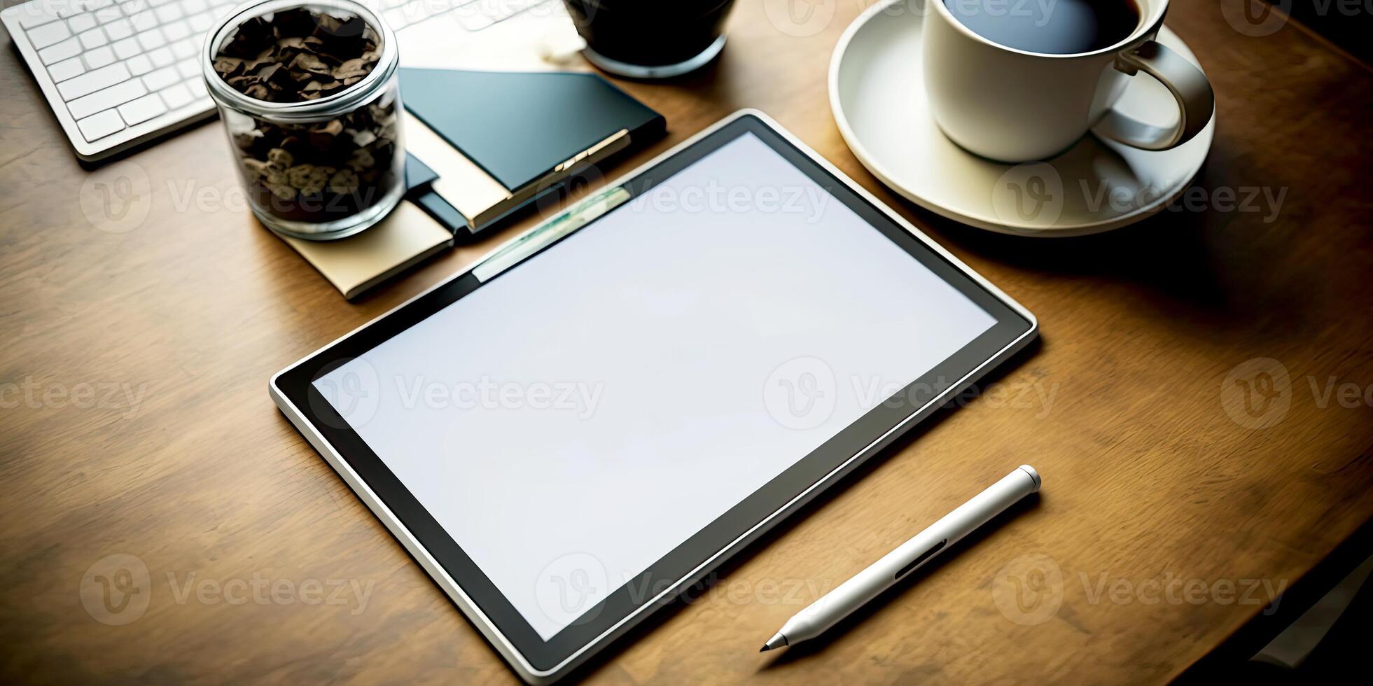 numérique tablette, Vide écran moquer en haut avec café tasse, et stylo sur en bois tableau. génératif ai photo