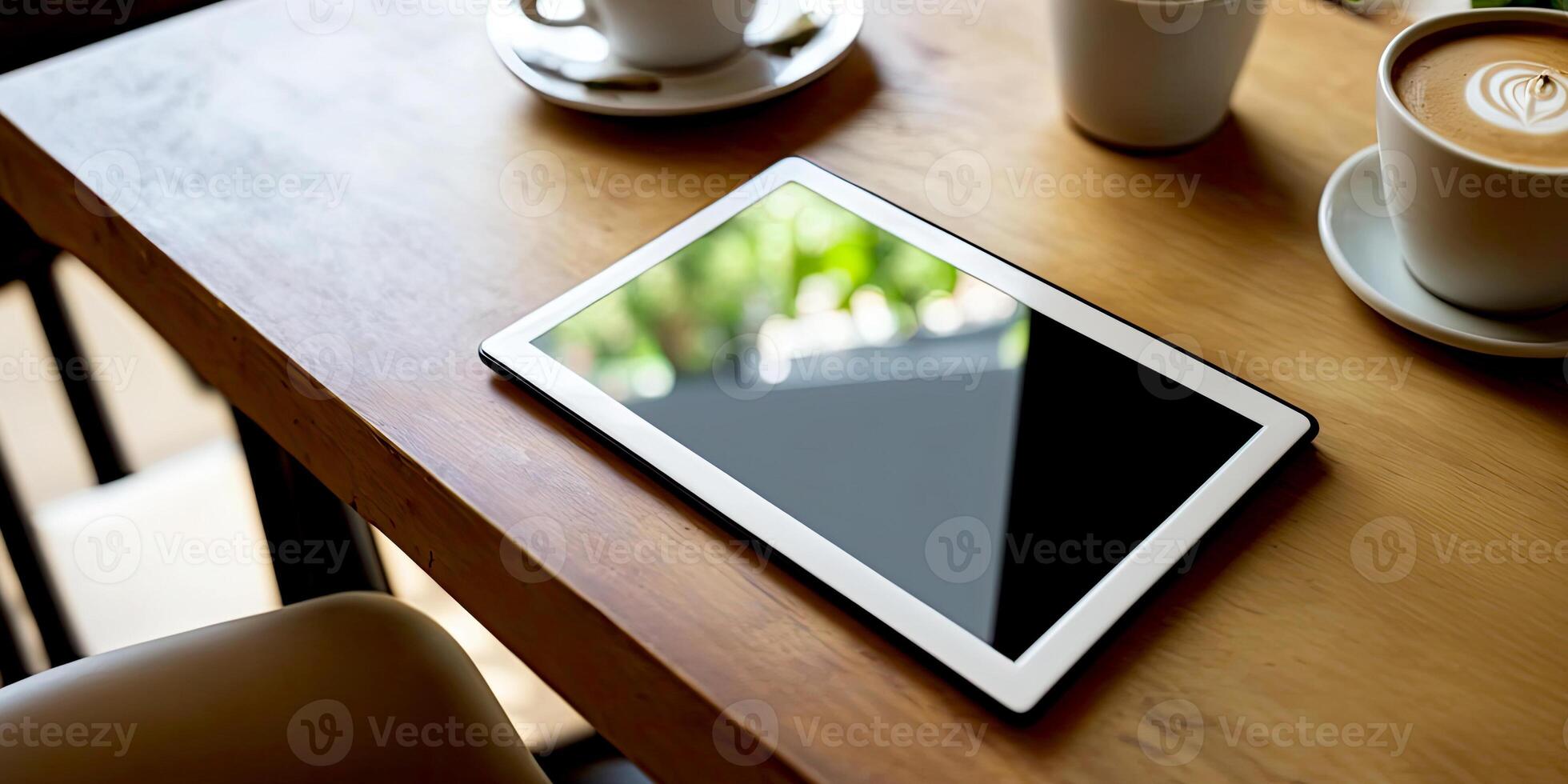 numérique tablette Vide écran moquer en haut avec café tasse sur tableau. génératif ai photo