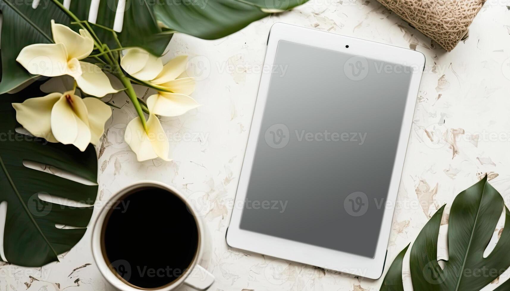 numérique tablette, Vide écran moquer en haut avec café tasse, et magnifique fleurs sur tableau. génératif ai photo