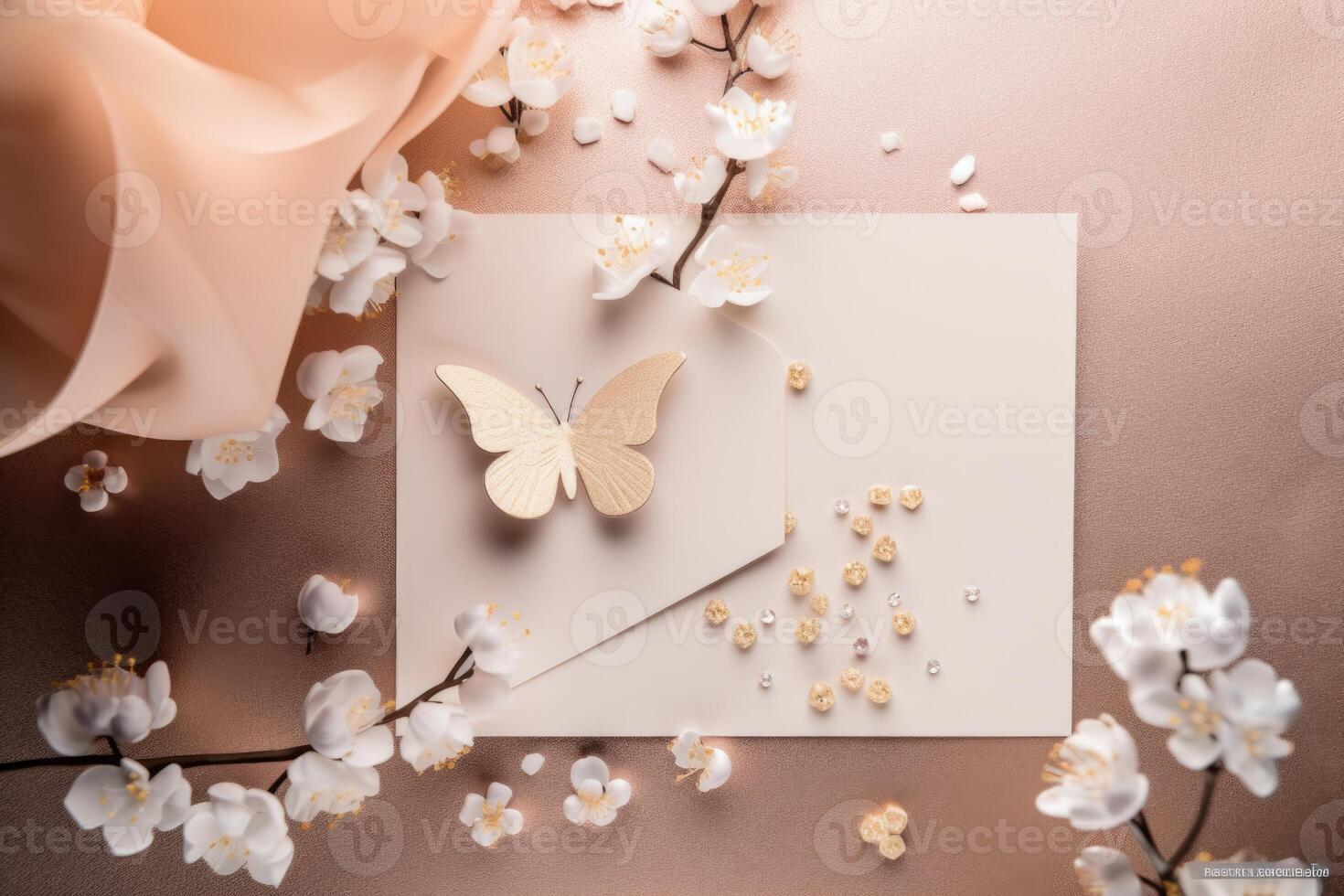 Haut vue de unique invitation carte enveloppe avec Cerise fleurs et papillon sur pastel rose Contexte. génératif ai illustration. photo