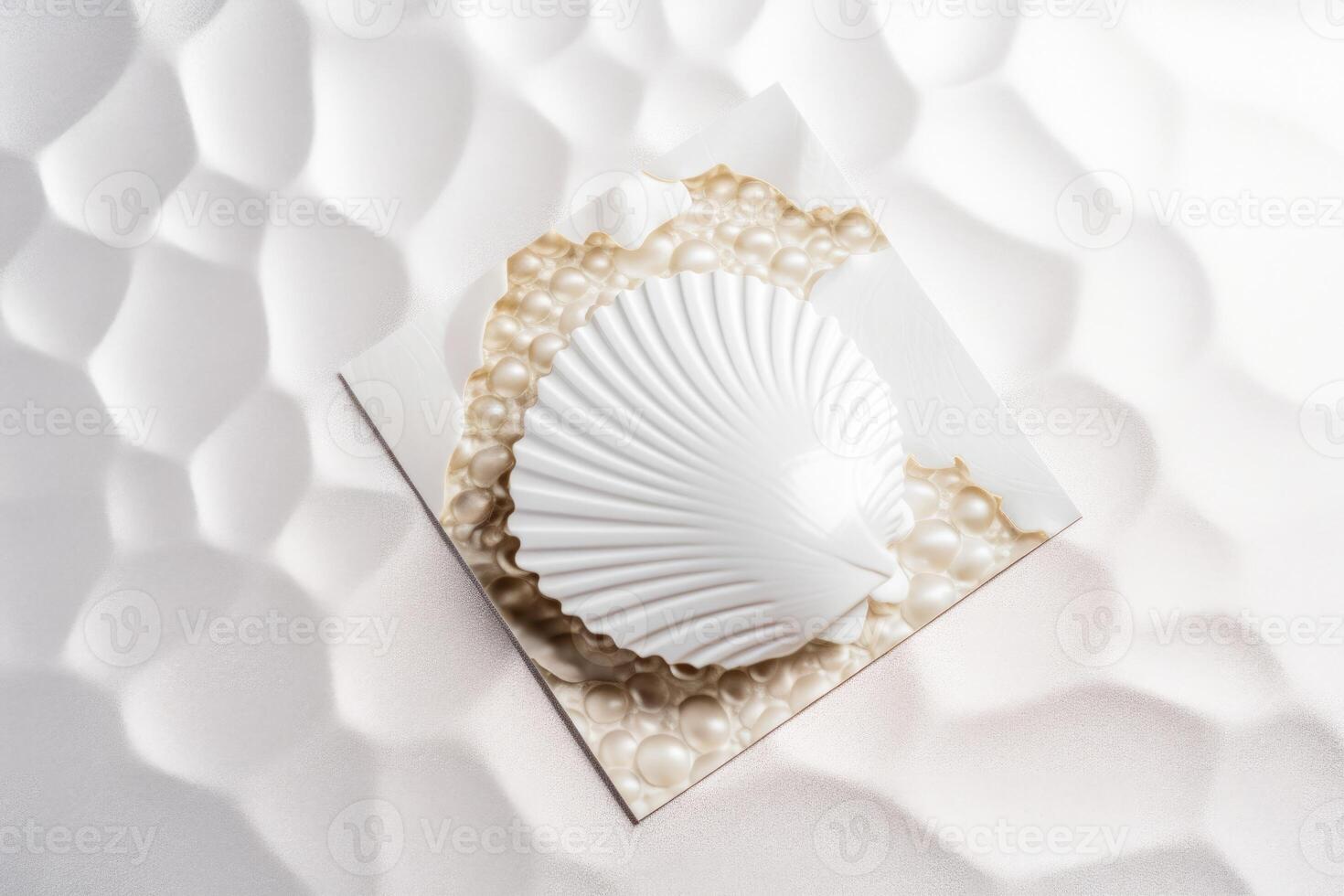 Haut vue de blanc et d'or perle coquilles carte, moquer en haut modèle pour conception ou produit placement établi en utilisant génératif ai. photo