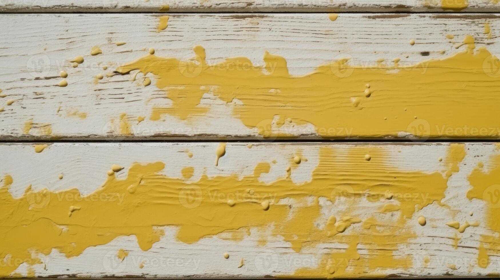 Haut vue de Jaune peindre éclabousser contre blanc bois texture arrière-plan, génératif ai. photo