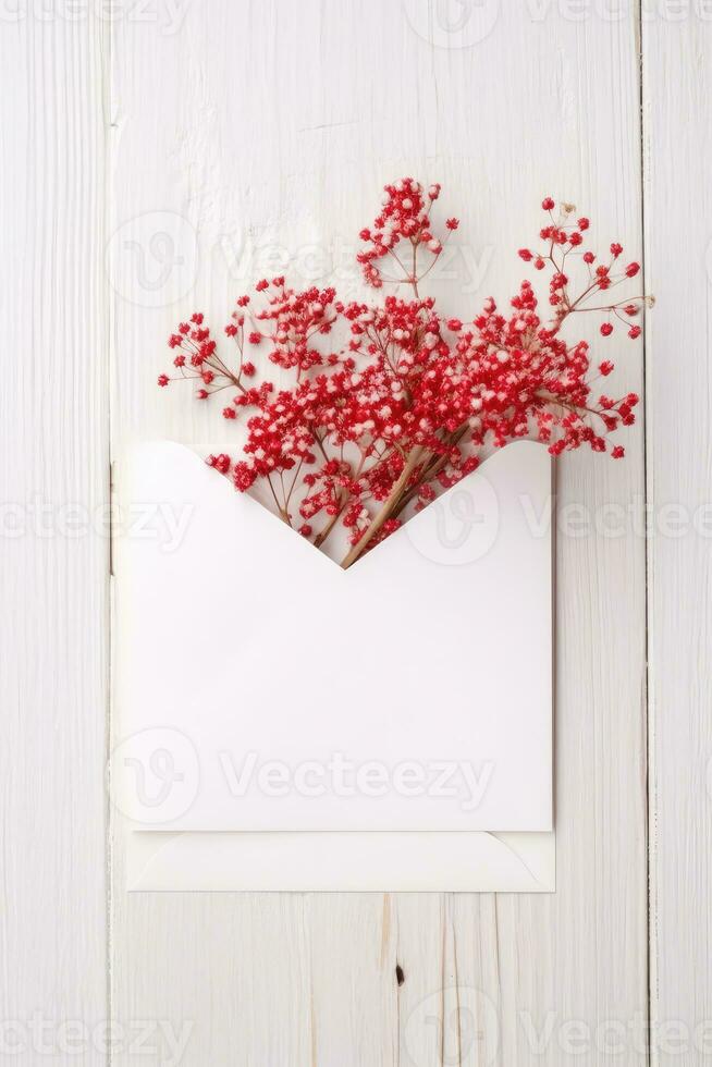 Haut vue de rouge gypsophile fleur branche dans ouvert enveloppe sur en bois tableau, génératif ai. photo