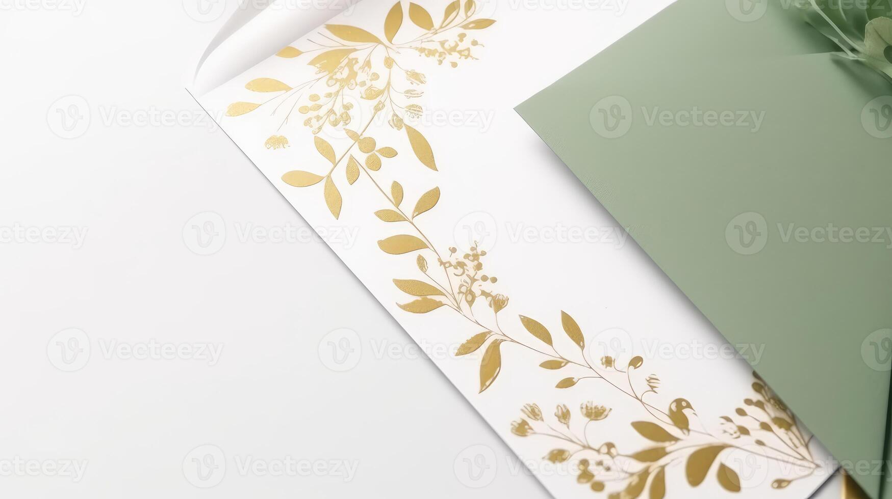 Haut vue de invitation carte plat allonger avec d'or floral gaufrage maquette, modèle pour conception ou produit placement établi en utilisant génératif ai. photo