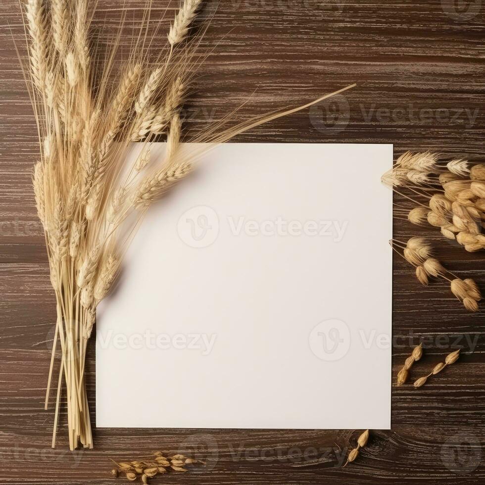 Haut vue de Vide blanc papier avec séché les blés sur marron en bois texture arrière-plan, ancien délicat affaires ou mariage carte. génératif ai. photo