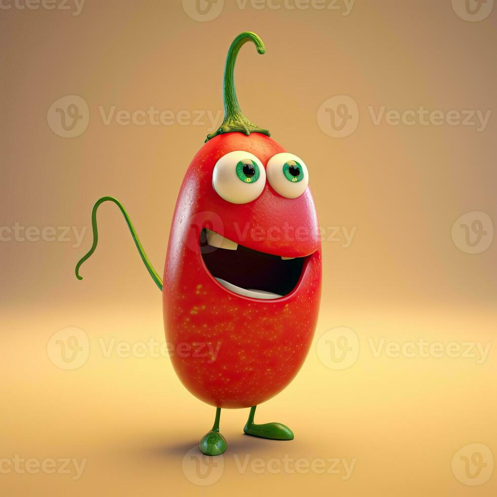 Pixar style content rouge le Chili 3d personnage sur brillant marron Contexte. génératif ai. photo