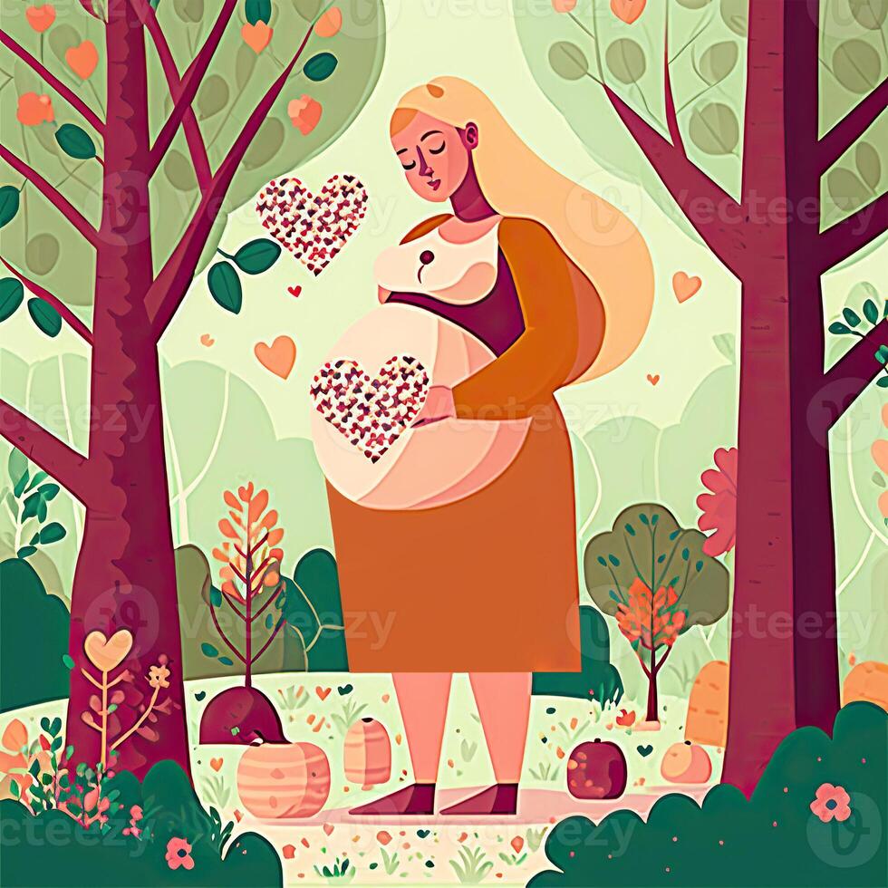 illustration de Enceinte femme frottement sa ventre sur la nature Contexte. concept de grossesse, la parentalité, les mères journée. établi par génératif ai technologie. photo