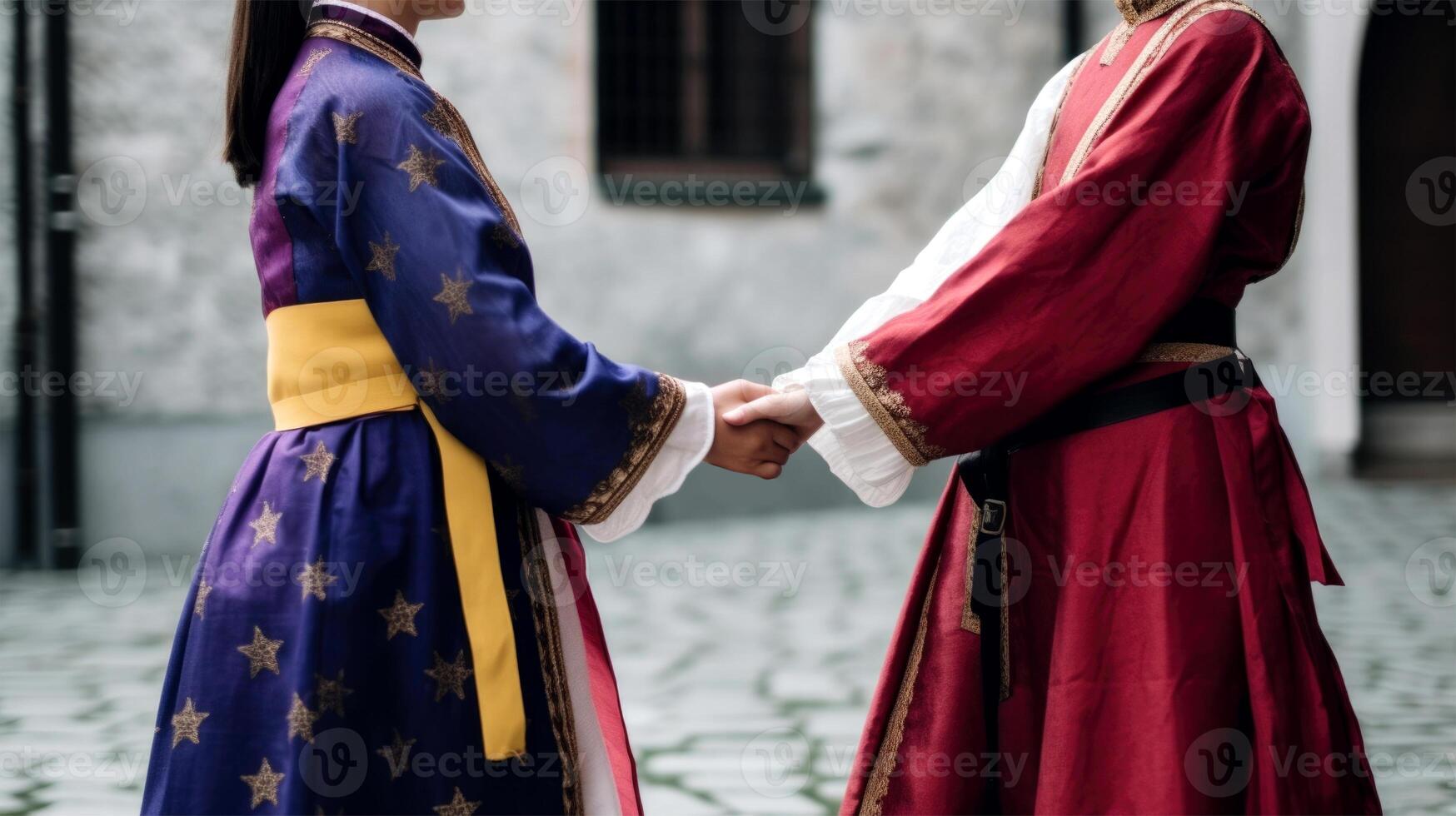 tondu image de amical ou décontractée poignée de main entre asiatique femmes dans leur traditionnel tenues. génératif ai. photo