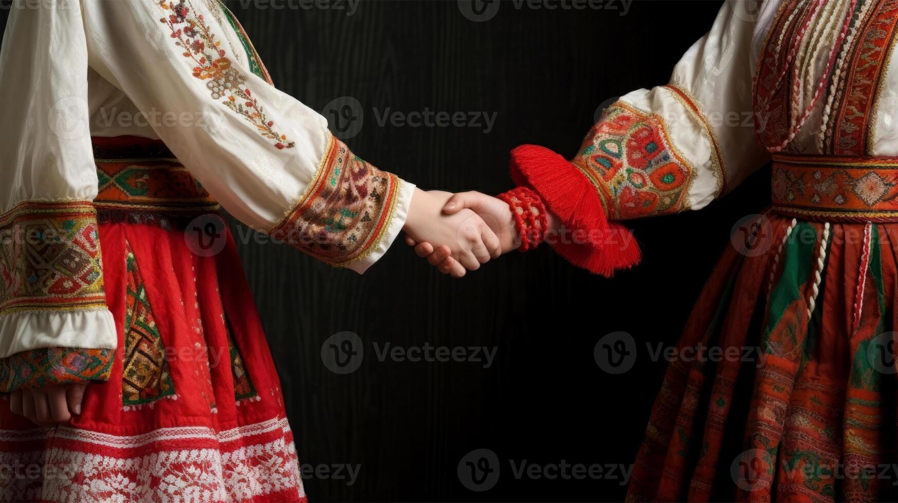 amical ou décontractée poignée de main entre multiculturel asiatique femmes dans slovaque folklore tenue. génératif ai. photo
