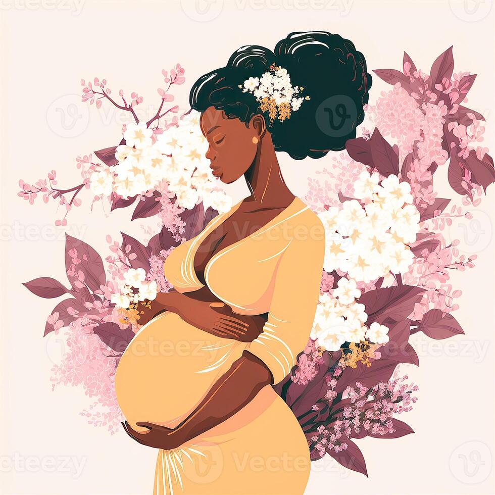 portrait de africain Enceinte femme émouvant sa ventre, floral décoré sur Contexte. concept de grossesse, la parentalité, les mères journée. établi par génératif ai technologie. photo