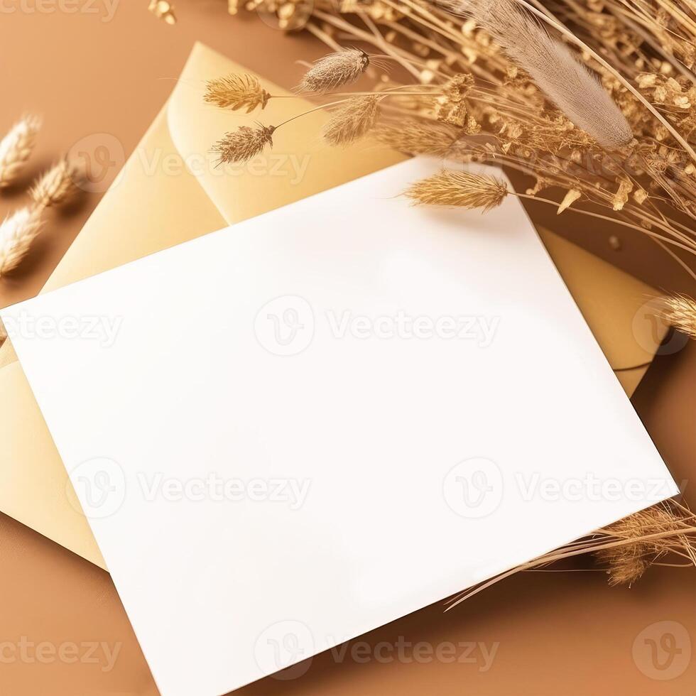 Haut vue de invitation carte, enveloppe maquette avec d'or sec herbe sur marron Contexte. génératif ai. photo