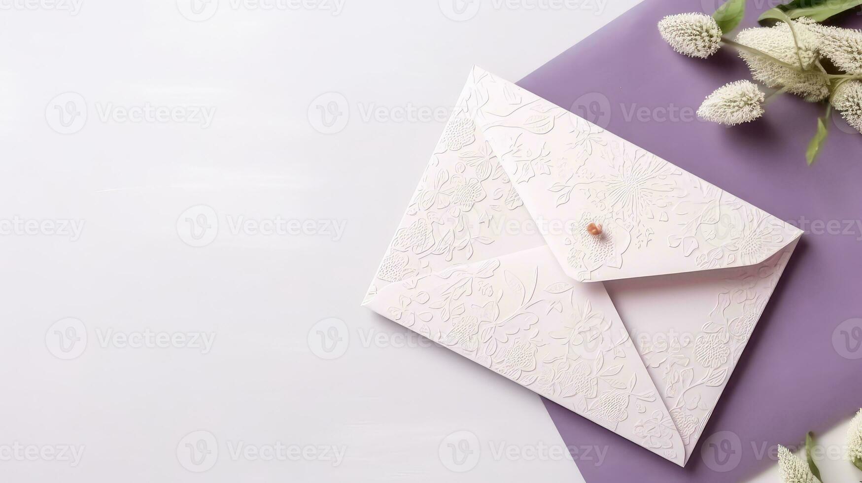 aérien vue de beige et violet en relief carte postale enveloppe avec saule chaton ans espace pour message. printemps ou mariage concept. génératif ai. photo