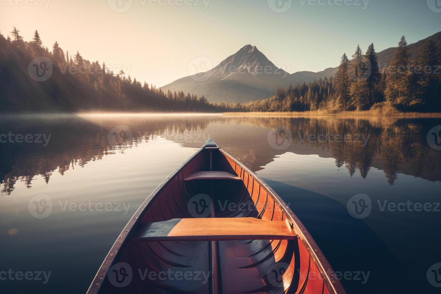 canoë flottant sur une serein Montagne Lac entouré par grand pin des arbres sur une paisible Matin. ai généré photo