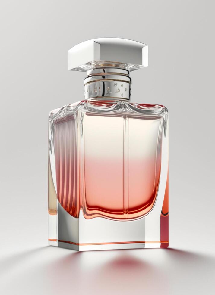 une haute classe bouteille de verre parfum avec lumière rouge liquide. aromatique parfum bouteilles sur blanc Contexte. beauté produit, cosmétique, parfum jour, fragrance journée ou parfum lancement un événement par ai généré photo