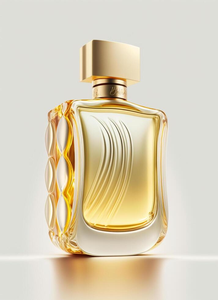 une haute classe bouteille de verre parfum avec Jaune liquide. aromatique parfum bouteilles sur blanc Contexte. pour beauté produit, cosmétique, parfum jour, fragrance journée ou parfum lancement un événement par ai généré photo