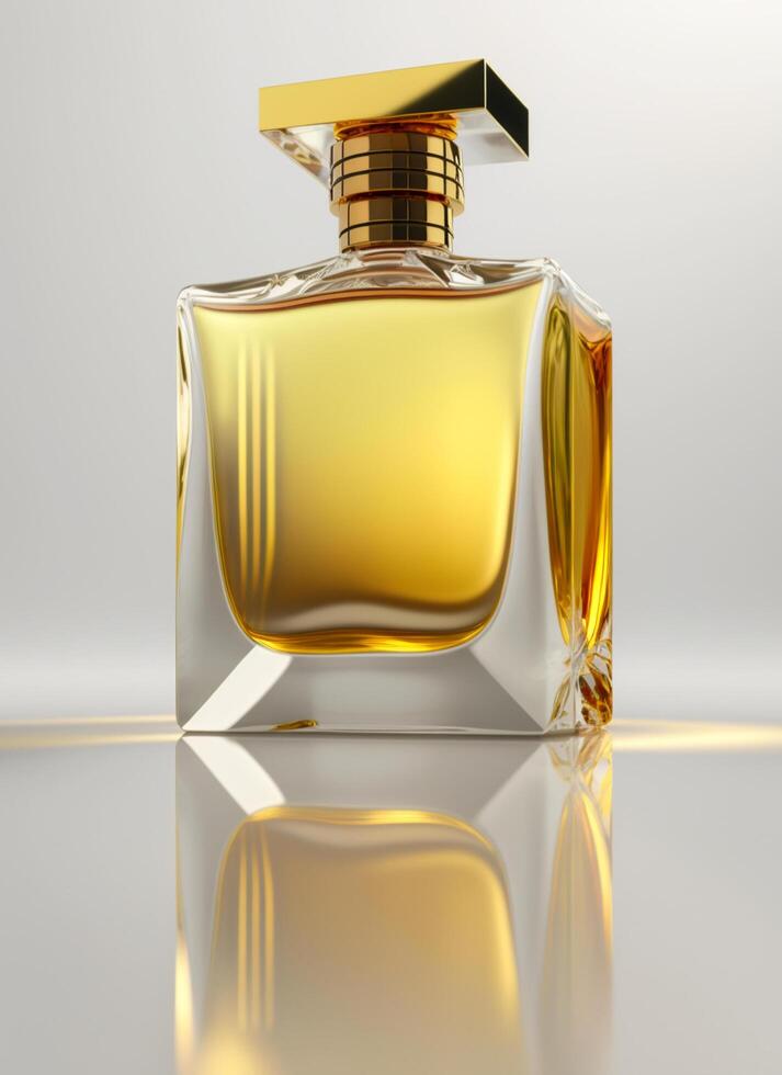 une haute classe bouteille de verre parfum avec Jaune liquide. aromatique parfum bouteilles sur blanc Contexte. pour beauté produit, cosmétique, parfum jour, fragrance journée ou parfum lancement un événement par ai généré photo