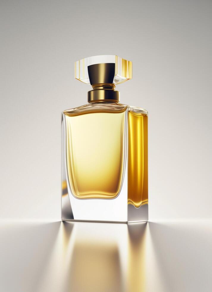 une haute classe bouteille de verre parfum avec Jaune liquide. aromatique parfum bouteilles sur blanc Contexte. pour beauté produit, cosmétique, parfum jour, fragrance journée ou parfum lancement un événement par ai généré photo