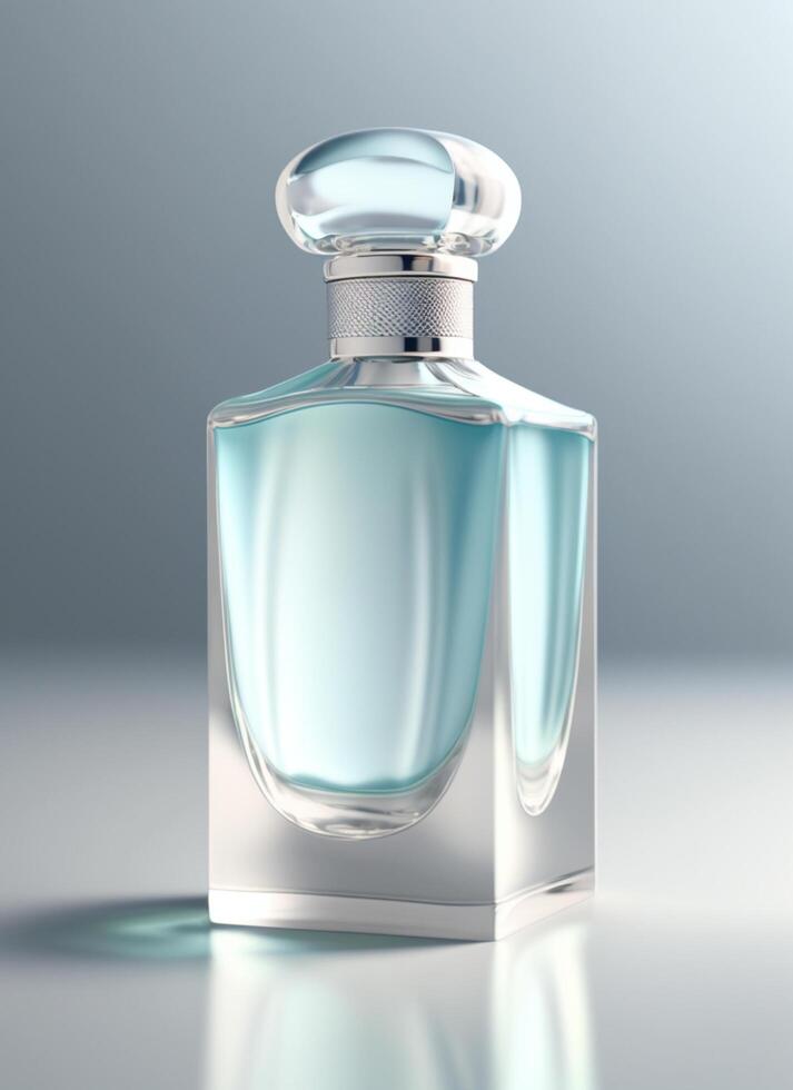 une haute classe bouteille de verre parfum avec lumière bleu liquide. aromatique parfum bouteilles sur blanc Contexte. beauté produit, cosmétique, parfum jour, fragrance journée ou parfum lancement un événement par ai généré photo