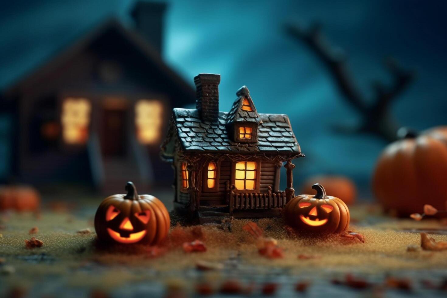 effrayant citrouille et maison dans nuit de plein lune sur Halloween fête concept. effrayant Halloween Contexte avec citrouille. sale maison et citrouille sur Halloween fête concept par ai généré photo