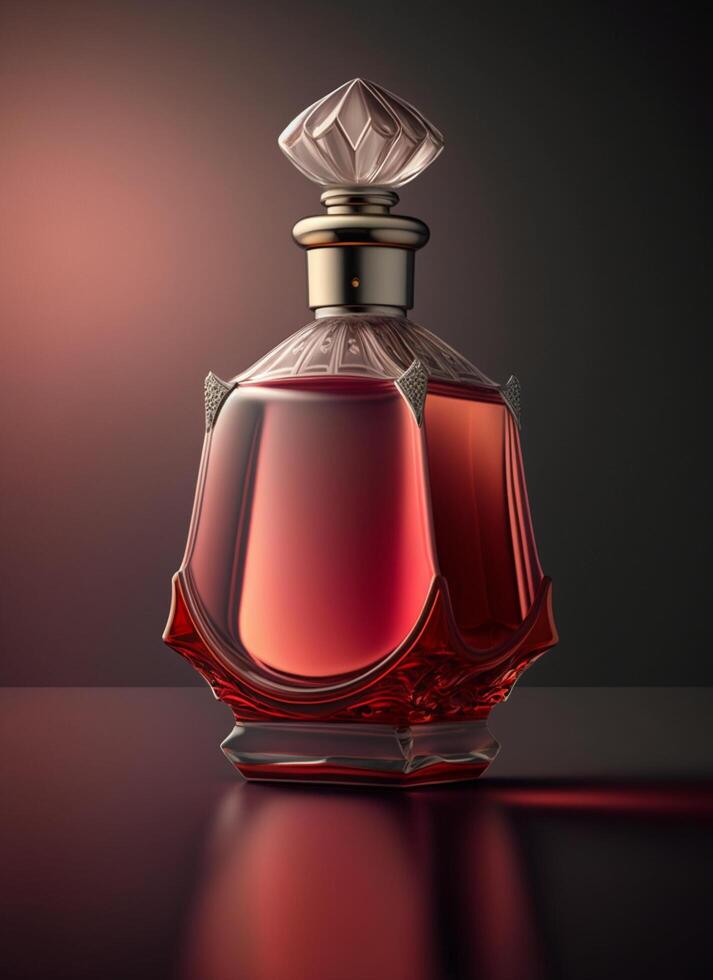 une haute classe bouteille de verre parfum avec lumière rouge liquide. aromatique parfum bouteilles sur blanc Contexte. beauté produit, cosmétique, parfum jour, fragrance journée ou parfum lancement un événement par ai généré photo