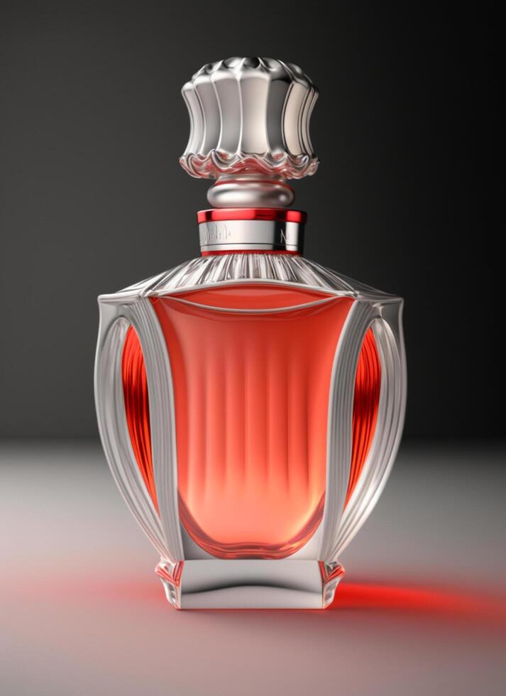 une haute classe bouteille de verre parfum avec lumière rouge liquide. aromatique parfum bouteilles sur blanc Contexte. beauté produit, cosmétique, parfum jour, fragrance journée ou parfum lancement un événement par ai généré photo