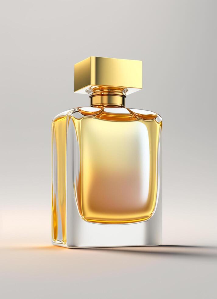 une haute classe bouteille de verre parfum avec Jaune liquide. aromatique parfum bouteilles sur blanc Contexte. pour beauté produit, cosmétique, parfum jour, fragrance journée ou parfum lancement un événement par ai généré photo