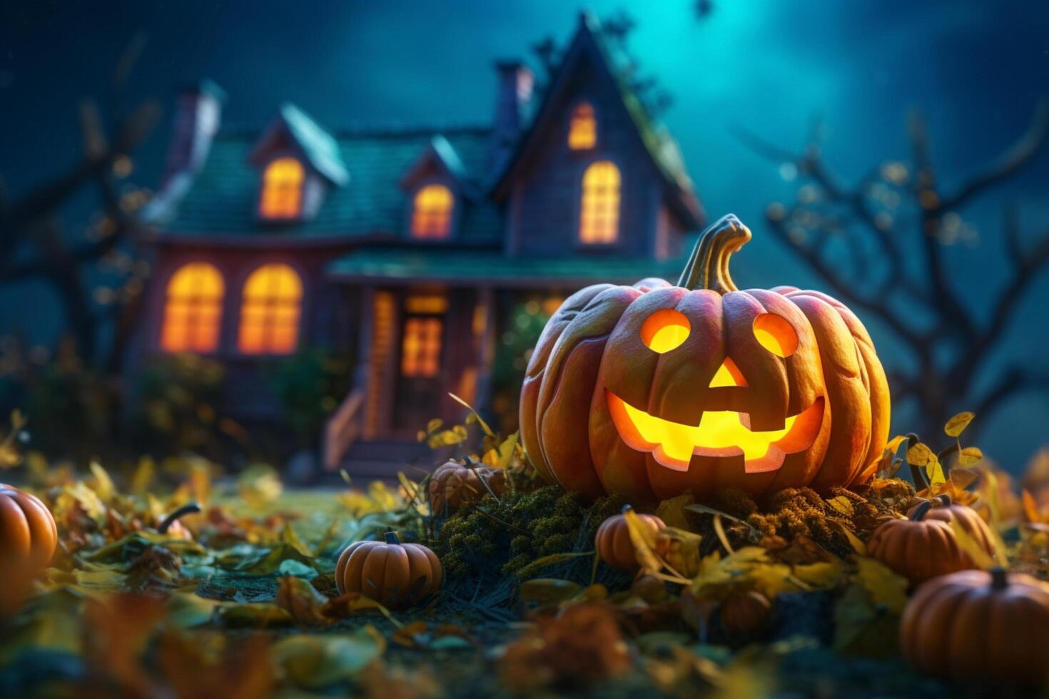 effrayant citrouille et maison dans nuit de plein lune sur Halloween fête concept. effrayant Halloween Contexte avec citrouille. sale maison et citrouille sur Halloween fête concept par ai généré photo