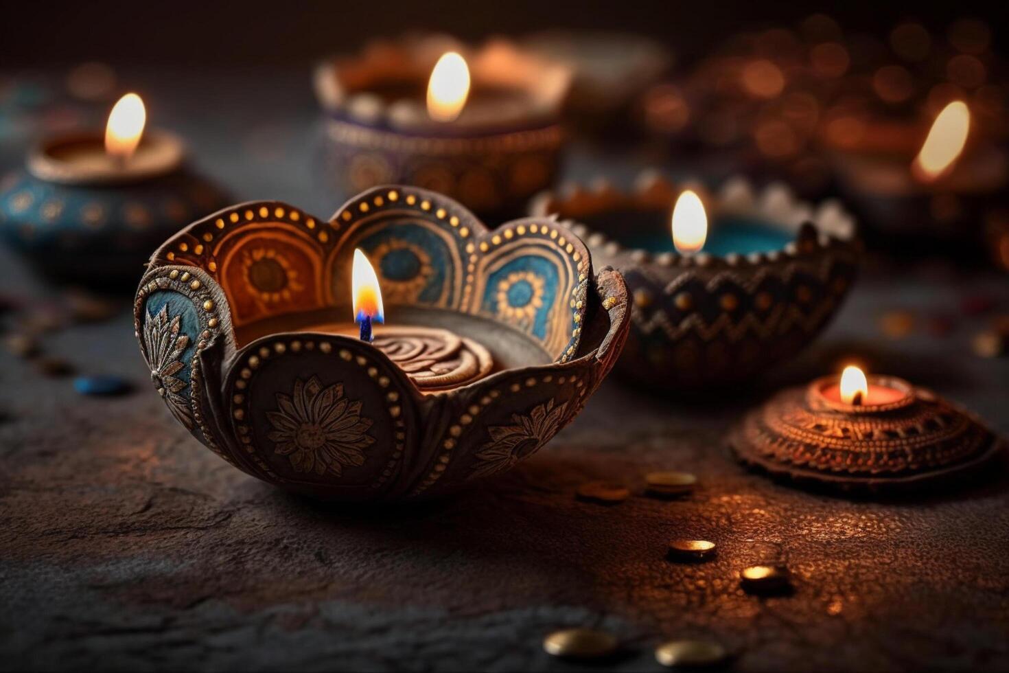 content diwali ou deepavali traditionnel Indien Festival avec argile diya pétrole lampe. Indien hindou Festival de lumière symbole avec bougie et lumière. argile diya lampe allumé pendant diwali fête par ai généré photo