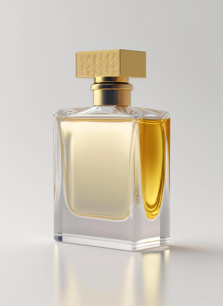 une haute classe bouteille de verre parfum avec Jaune liquide. aromatique parfum bouteilles sur blanc Contexte. pour beauté produit, cosmétique, parfum jour, fragrance journée ou parfum lancement un événement par ai généré photo