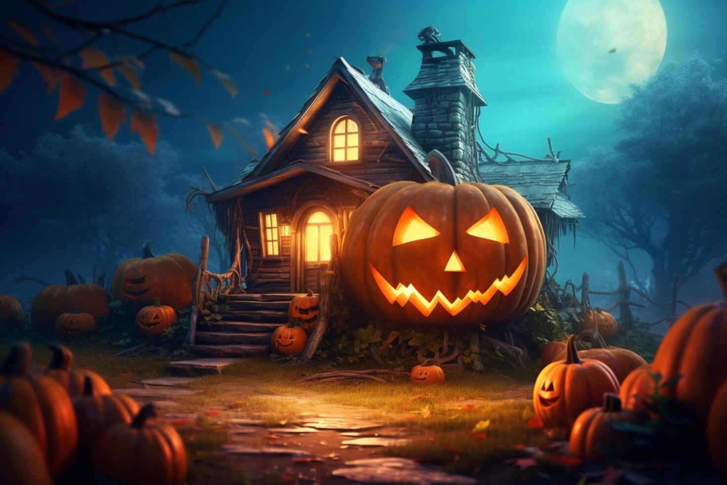 effrayant citrouille et maison dans nuit de plein lune sur Halloween fête concept. effrayant Halloween Contexte avec citrouille. sale maison et citrouille sur Halloween fête concept par ai généré photo