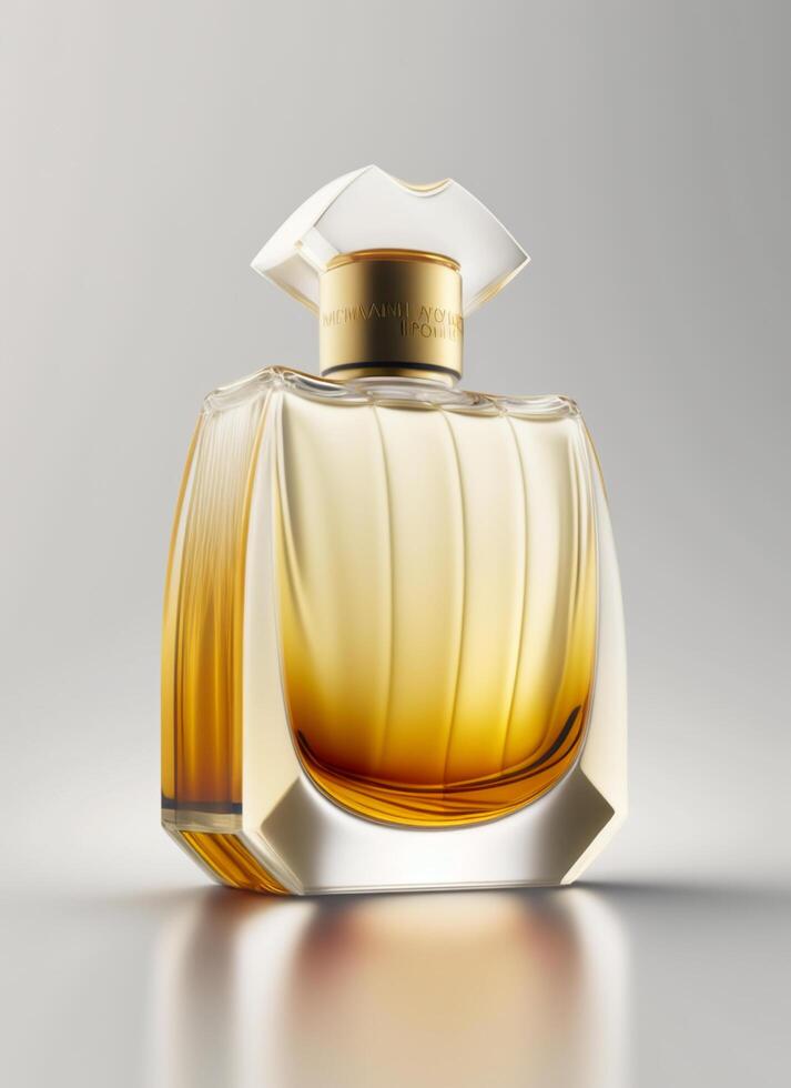 une haute classe bouteille de verre parfum avec Jaune liquide. aromatique parfum bouteilles sur blanc Contexte. pour beauté produit, cosmétique, parfum jour, fragrance journée ou parfum lancement un événement par ai généré photo