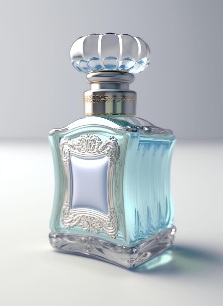 une haute classe bouteille de verre parfum avec lumière bleu liquide. aromatique parfum bouteilles sur blanc Contexte. beauté produit, cosmétique, parfum jour, fragrance journée ou parfum lancement un événement par ai généré photo