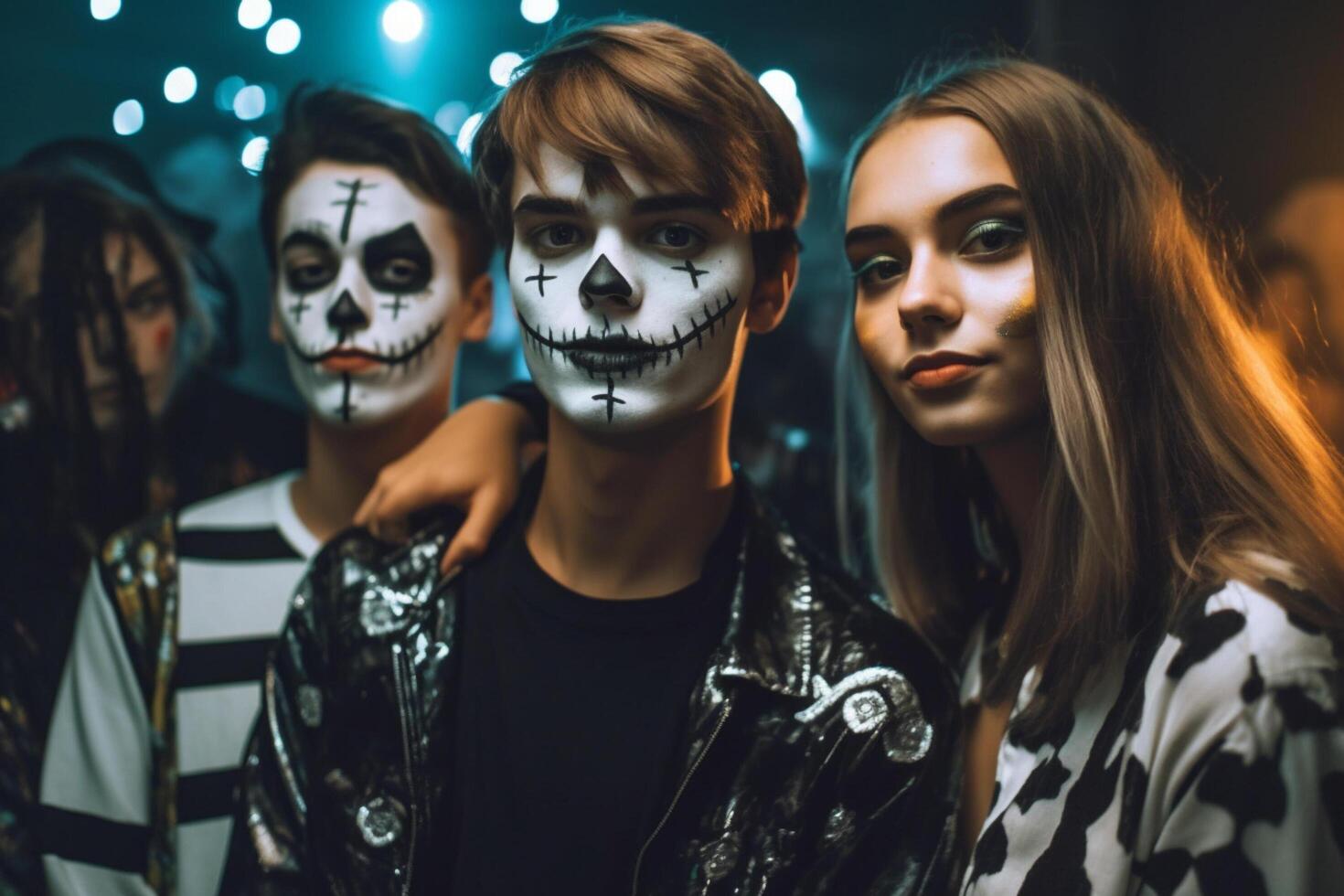 adolescents copains dans costumes célébrer et ayant amusement à Halloween faire la fête. Jeune gens à costumes fête Halloween fête concept par ai généré photo