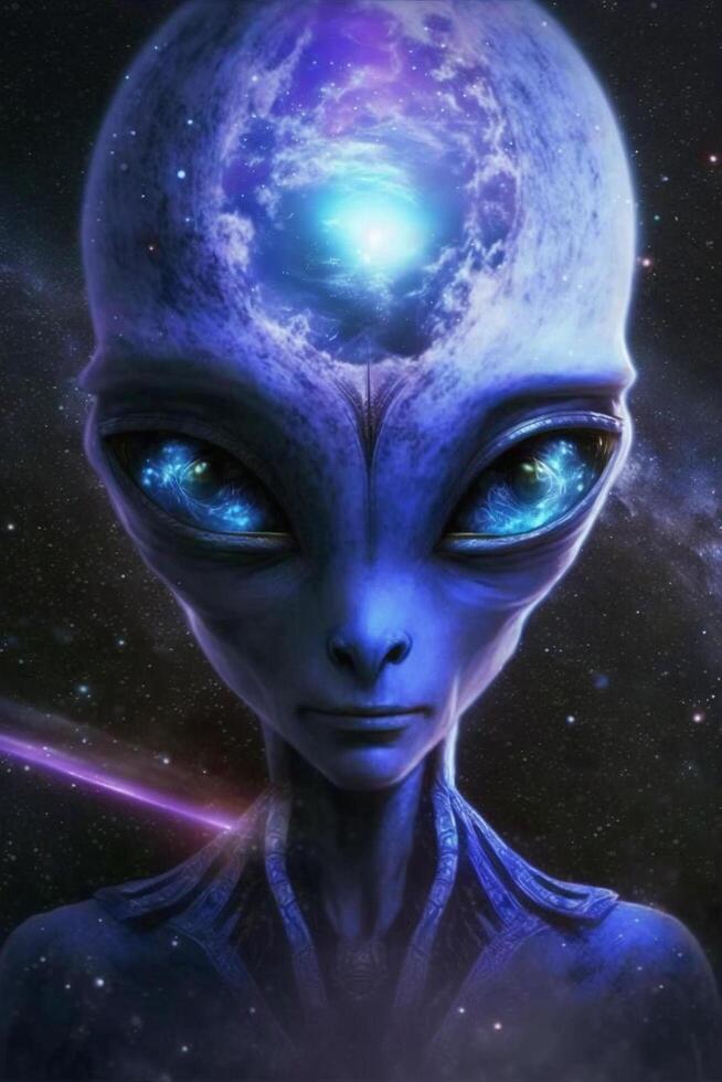 portrait de une bleu extraterrestre avec une galaxie sur ses front ai généré contenu photo