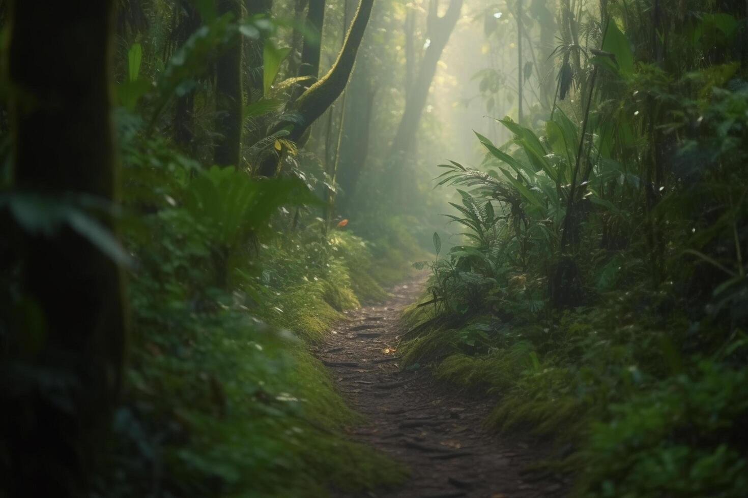 errant par le luxuriant forêt tropicale une chemin Moins voyagé ai généré photo