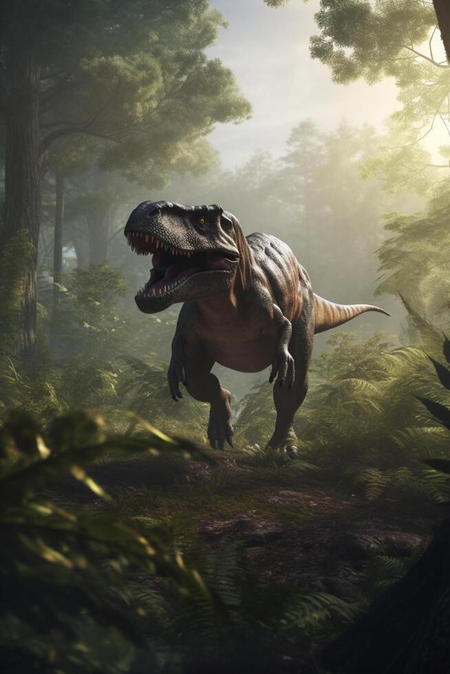 Roi de le préhistorique domaine réaliste illustration de tyrannosaure Rex dans ses ancien habitat ai généré photo