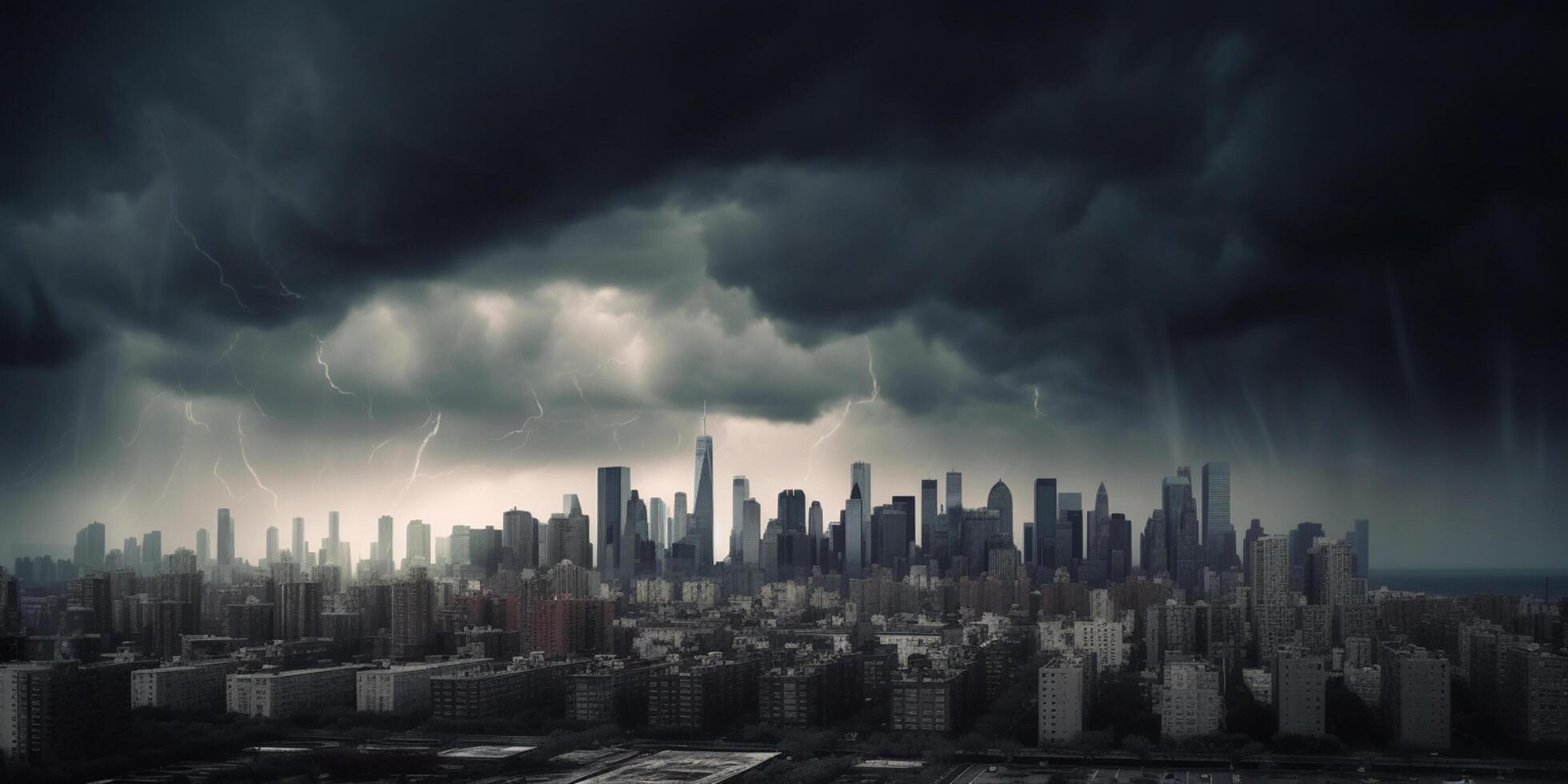 financier orage ville horizon pendant banque courir avec tonnerre et foudre ai généré photo