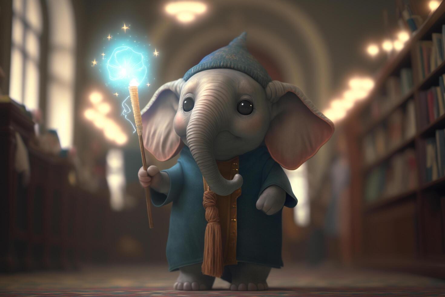 le magique peu l'éléphant avec une embrasé baguette magique, une sorcier chapeau, et une cap ai généré photo