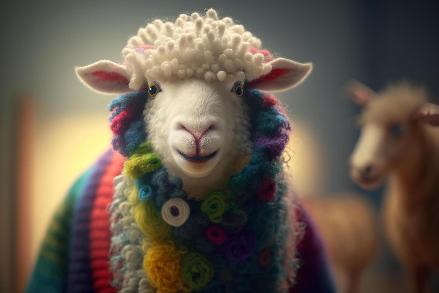 adorable peu mouton se pavaner ses des trucs sur le piste dans élégant tenue ai généré photo