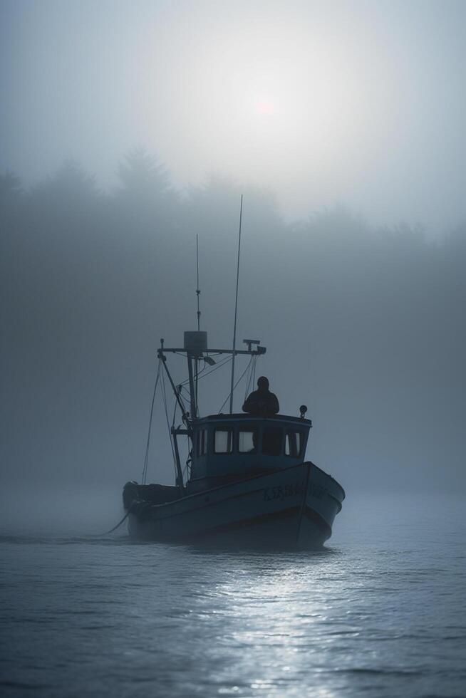 Matin brouillard sur le océan une bateau de pêcheur à lever du soleil ai généré photo