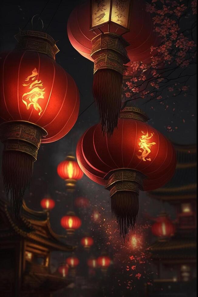 enchanteur chinois Nouveau année fête avec rouge lanternes éclairant le nuit ai généré photo