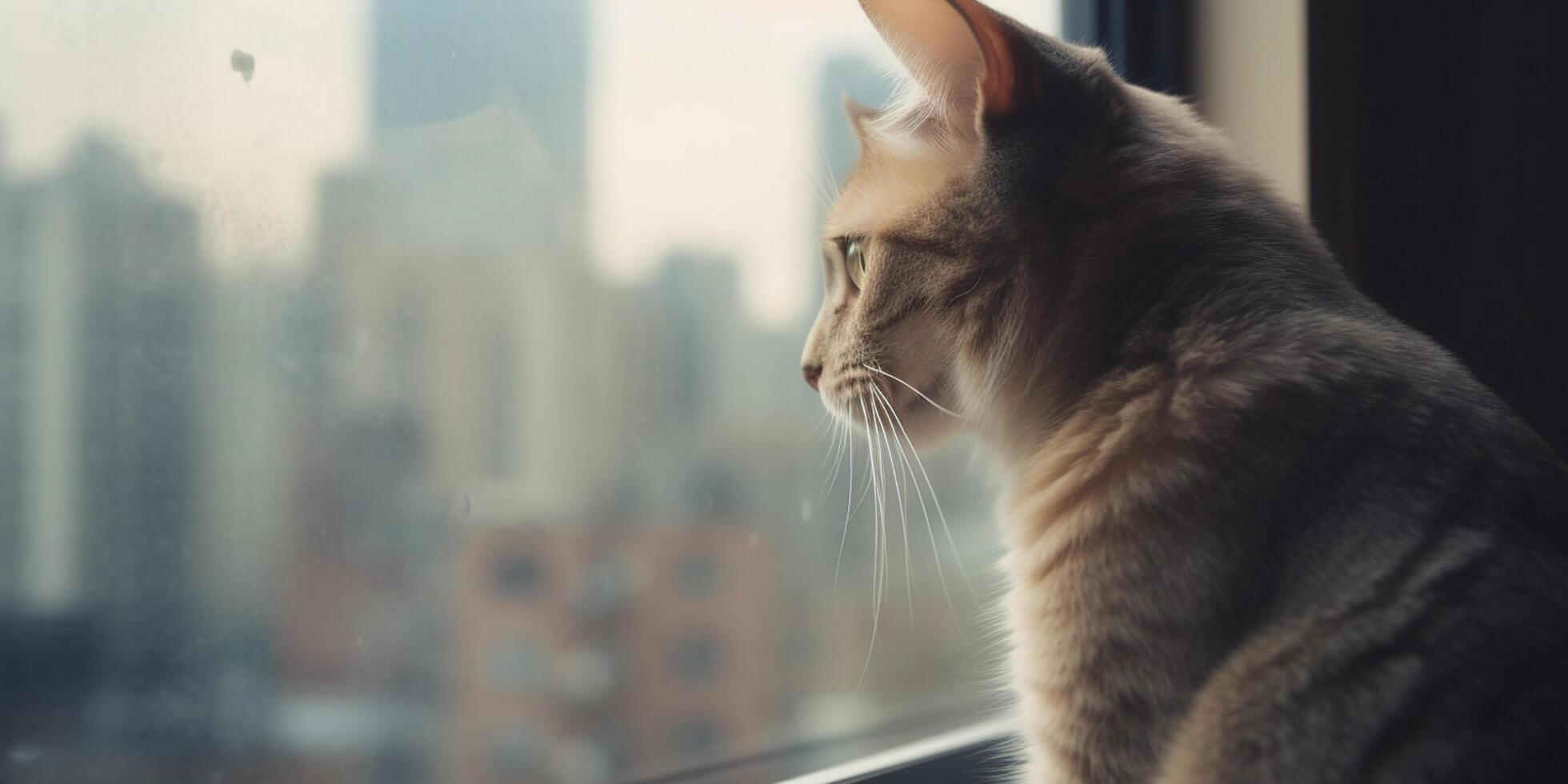 ville chat regarder en dehors fenêtre à grattes ciels ai généré photo