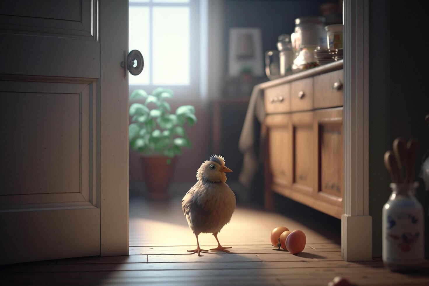 solo poulet dans une rural cuisine - le solitude de le volaille ai généré photo